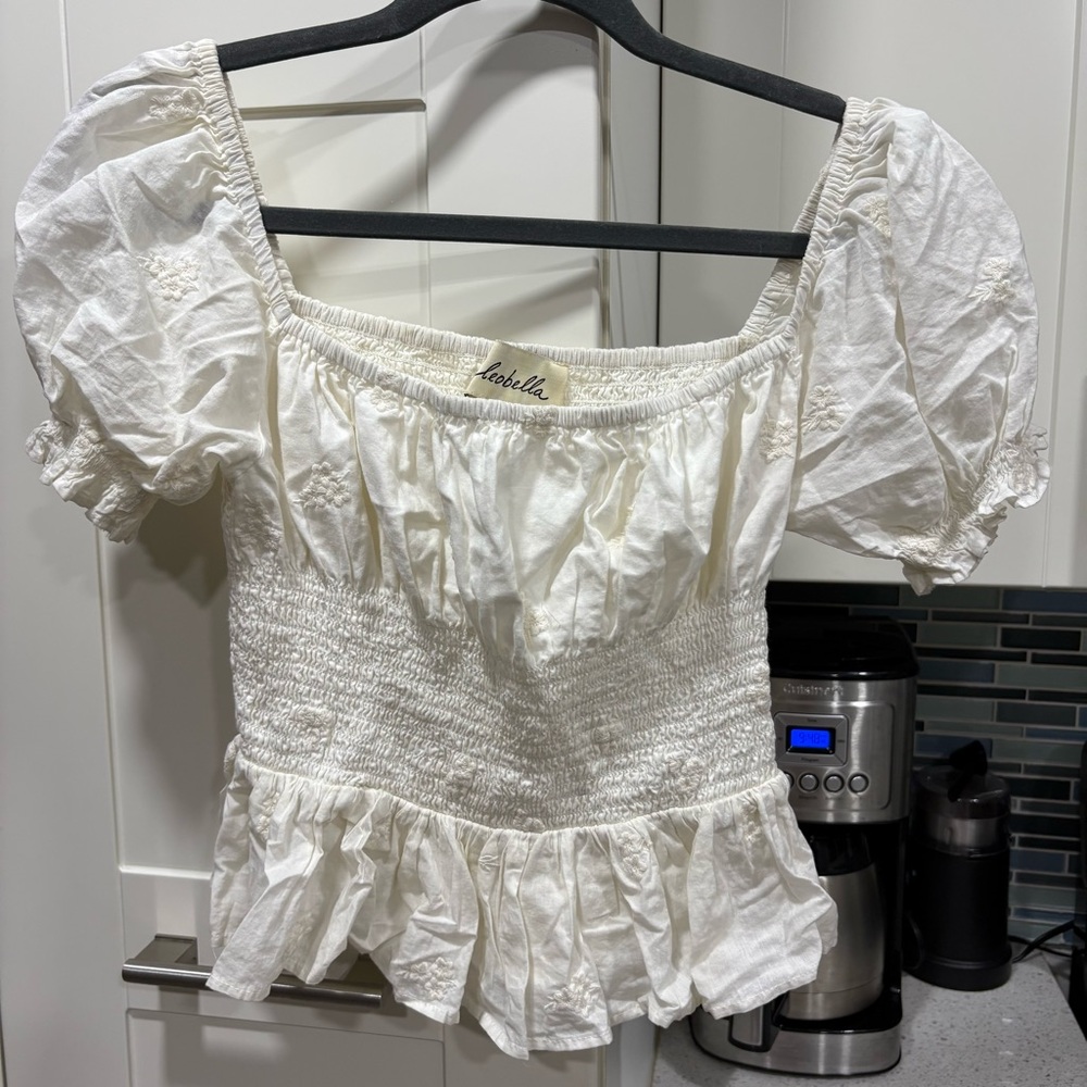 Cleobella White Smocked Puff Sleeve Top
